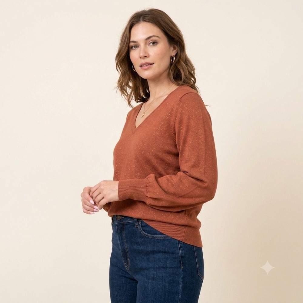 Ann Taylor Factory Rust Orange Metallic Shimmer V-Neck Puff Sleeve Sweater L